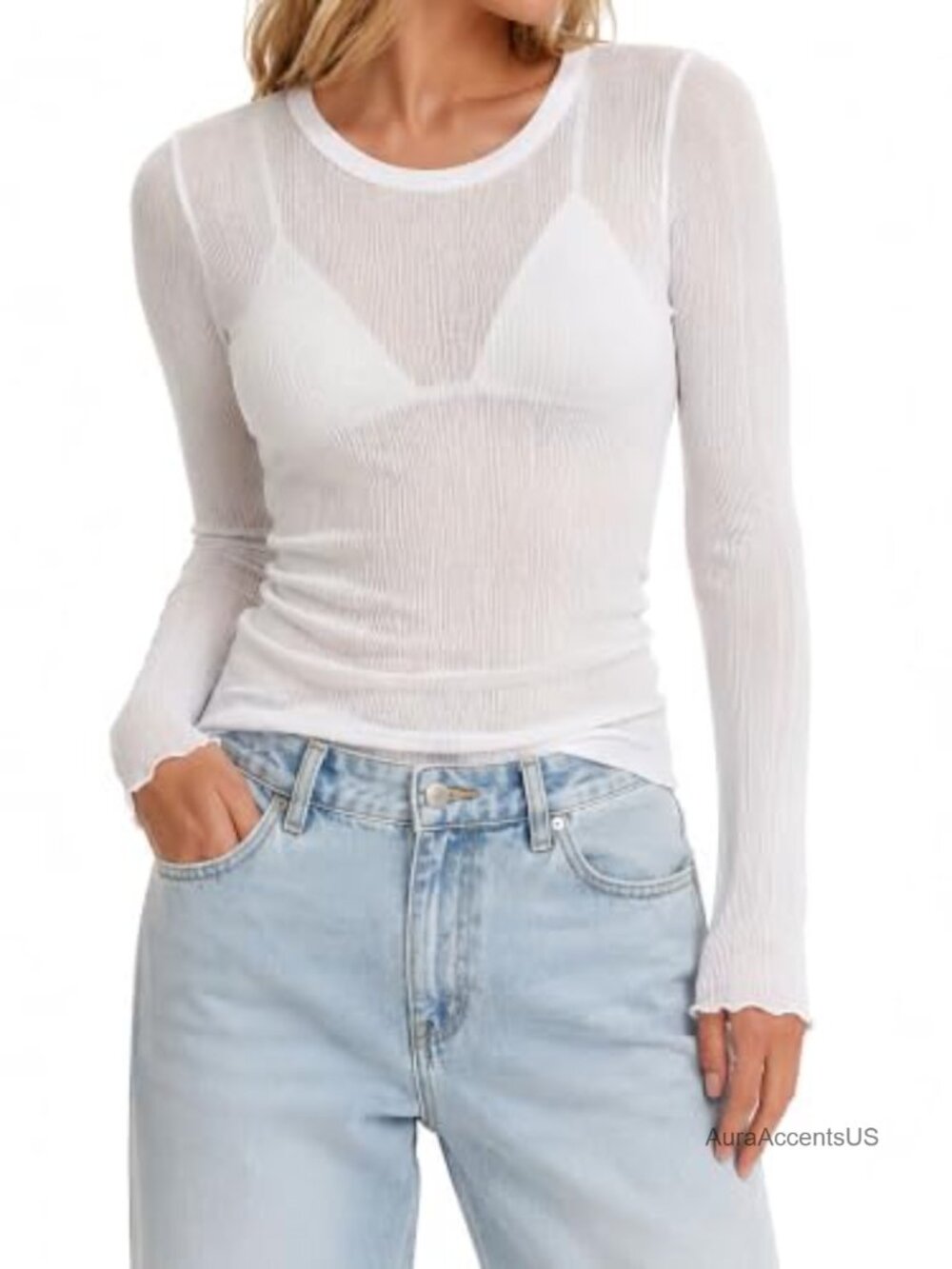 Sheer Long Sleeve Mesh Layering Top Fitted Crop Tee for Bralette